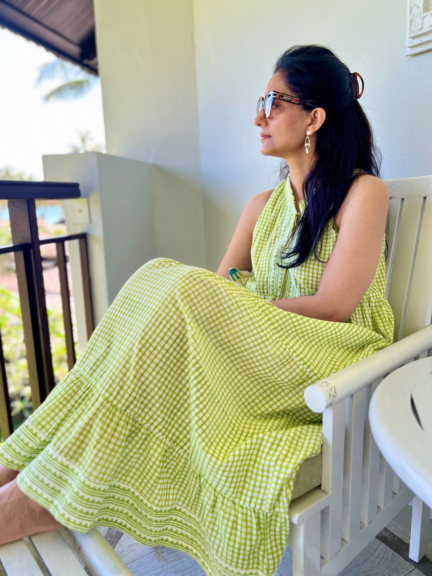 Lime Green Gingham Tiered Midi Dress