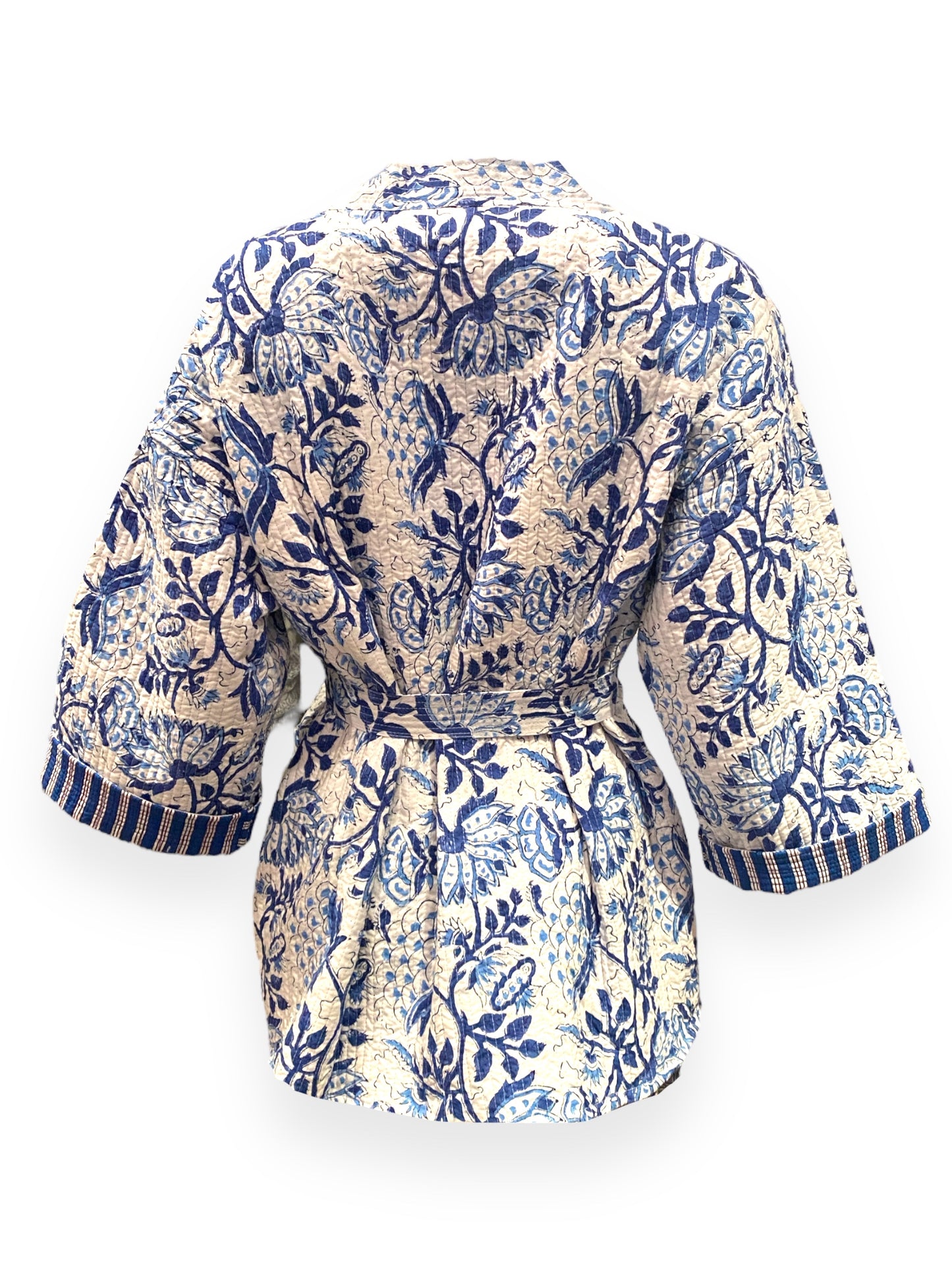 Blue and white floral handblock print short quilted jacket