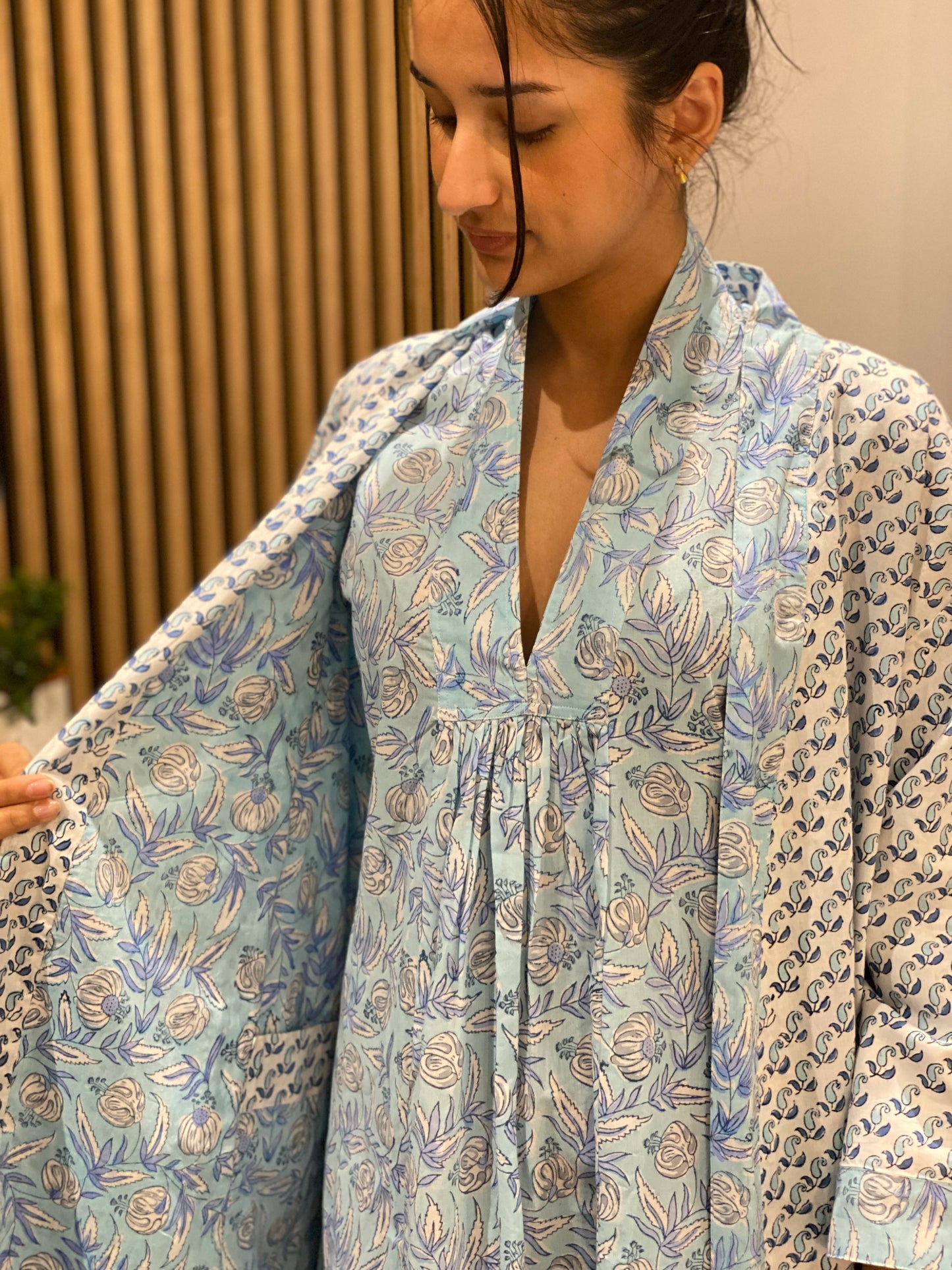 Ice Blue floral Reversible Cotton Robe/Kaftan