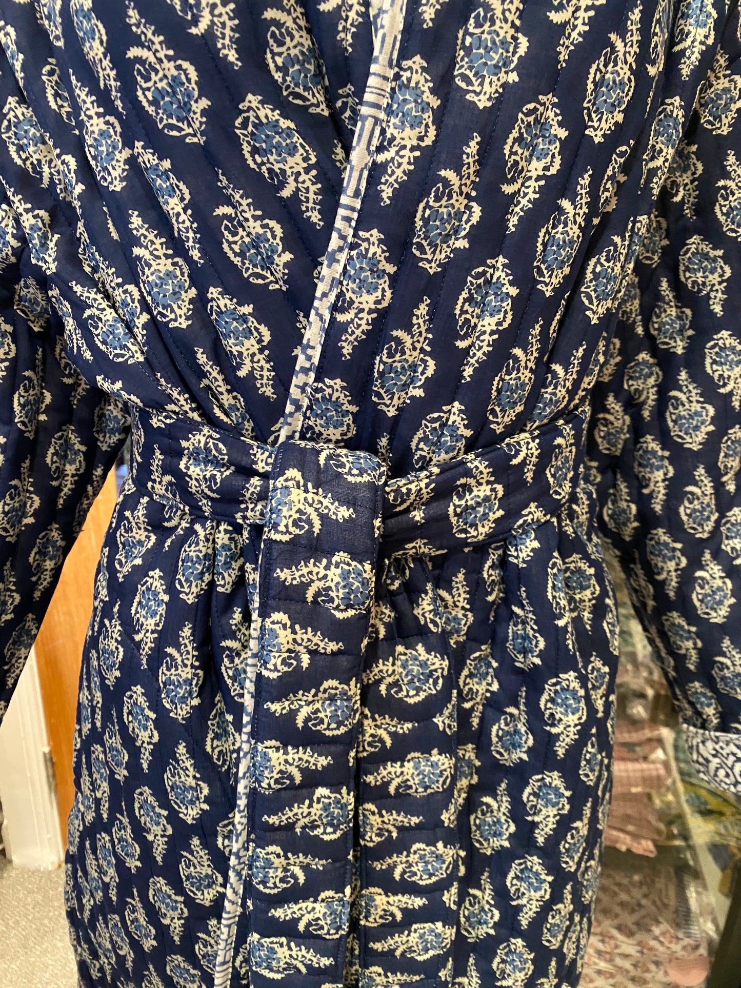 Blue Chint handblock print Reversible Quilted Kimono robe
