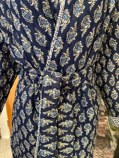 Blue Chint handblock print Reversible Quilted Kimono robe