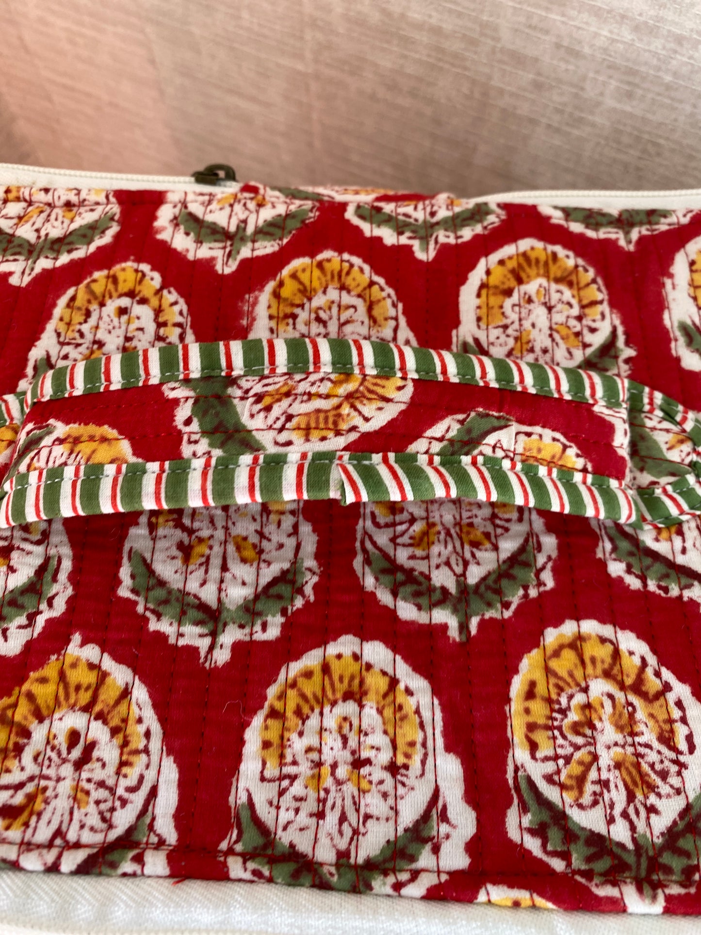 Christmas Red Handblock printed structured cosmetic bag / Travel kit