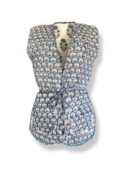 Soft Cobalt Bahaar Booti Reversible Quilted Gilet