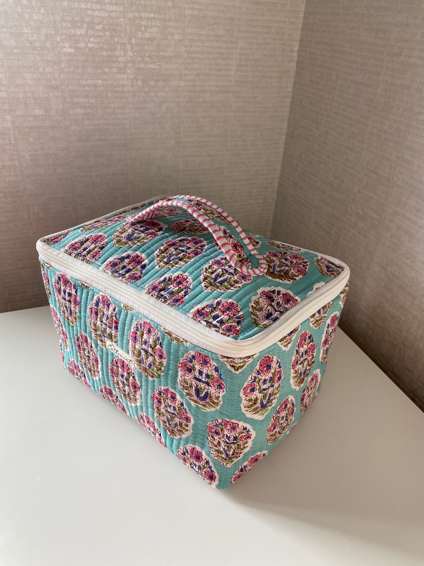 Soft Teal Handblock printed structured cosmetic bag / Travel kit