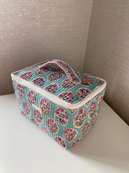 Soft Teal Handblock printed structured cosmetic bag / Travel kit