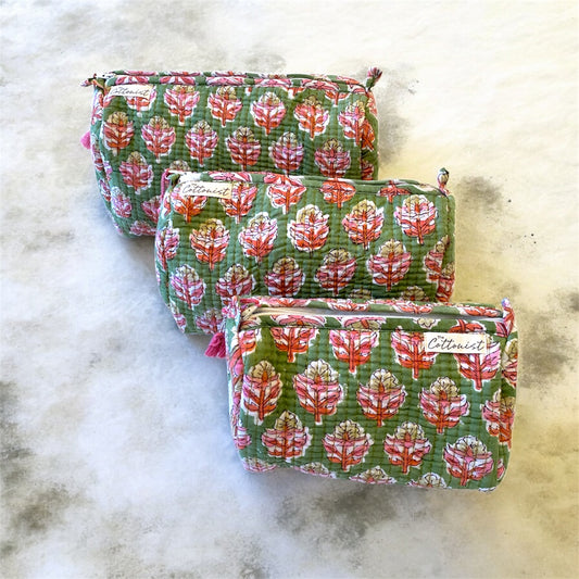 Forest Green & pink Booti handblock print cosmetic bags