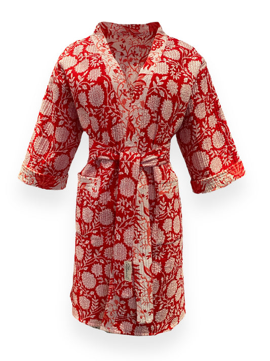 Red & white Phool handblock print Reversible Quilted Kimono robe