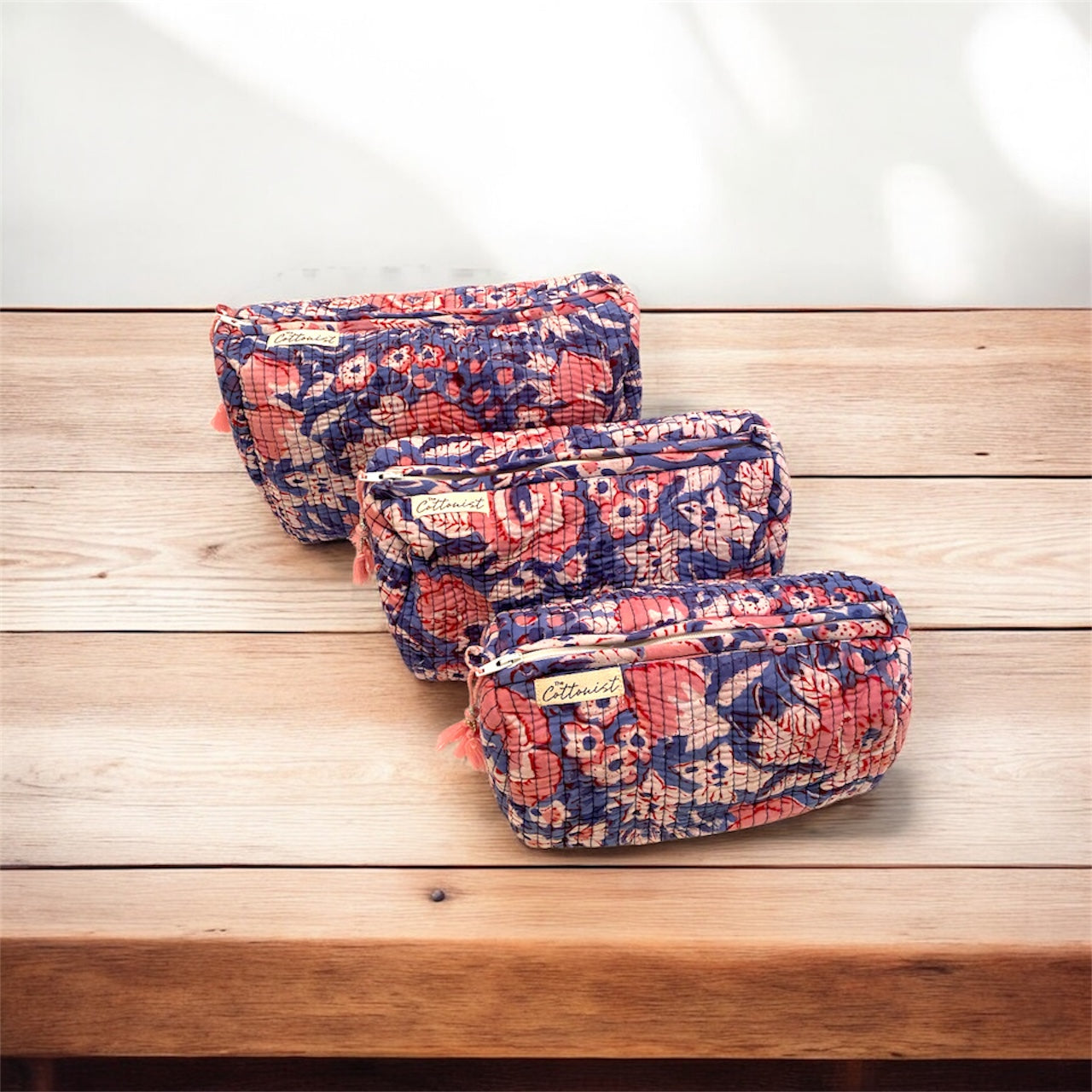 Coral Indigo blooms handblock print cosmetic bags
