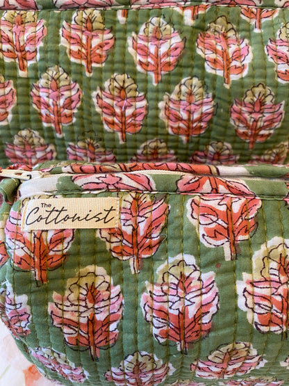 Forest Green & pink Booti handblock print cosmetic bags