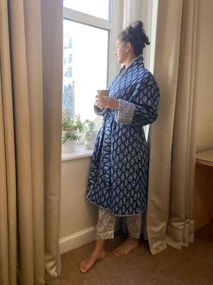 Blue Chint handblock print Reversible Quilted Kimono robe