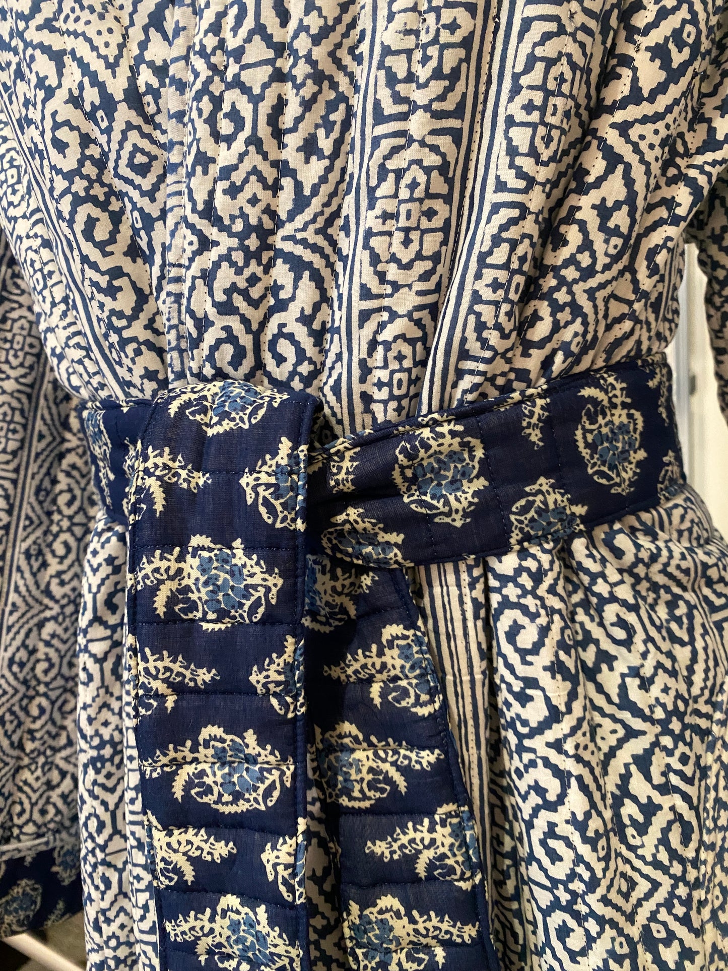 Blue Chint handblock print Reversible Quilted Kimono robe