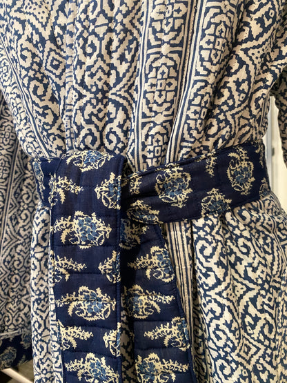 Blue Chint handblock print Reversible Quilted Kimono robe