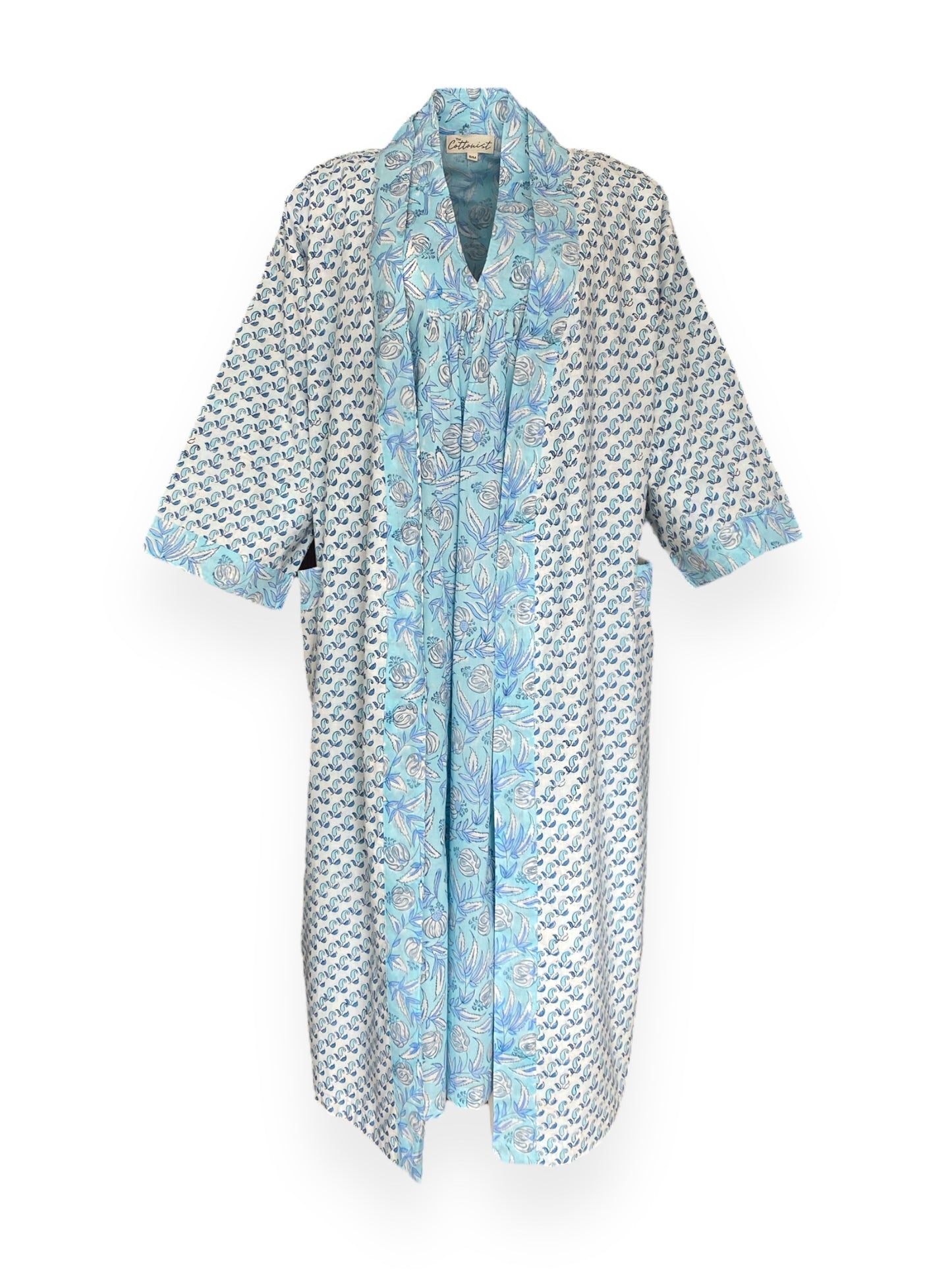 Ice Blue floral Reversible Cotton Robe/Kaftan