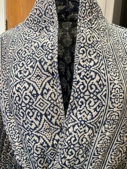 Blue Chint handblock print Reversible Quilted Kimono robe