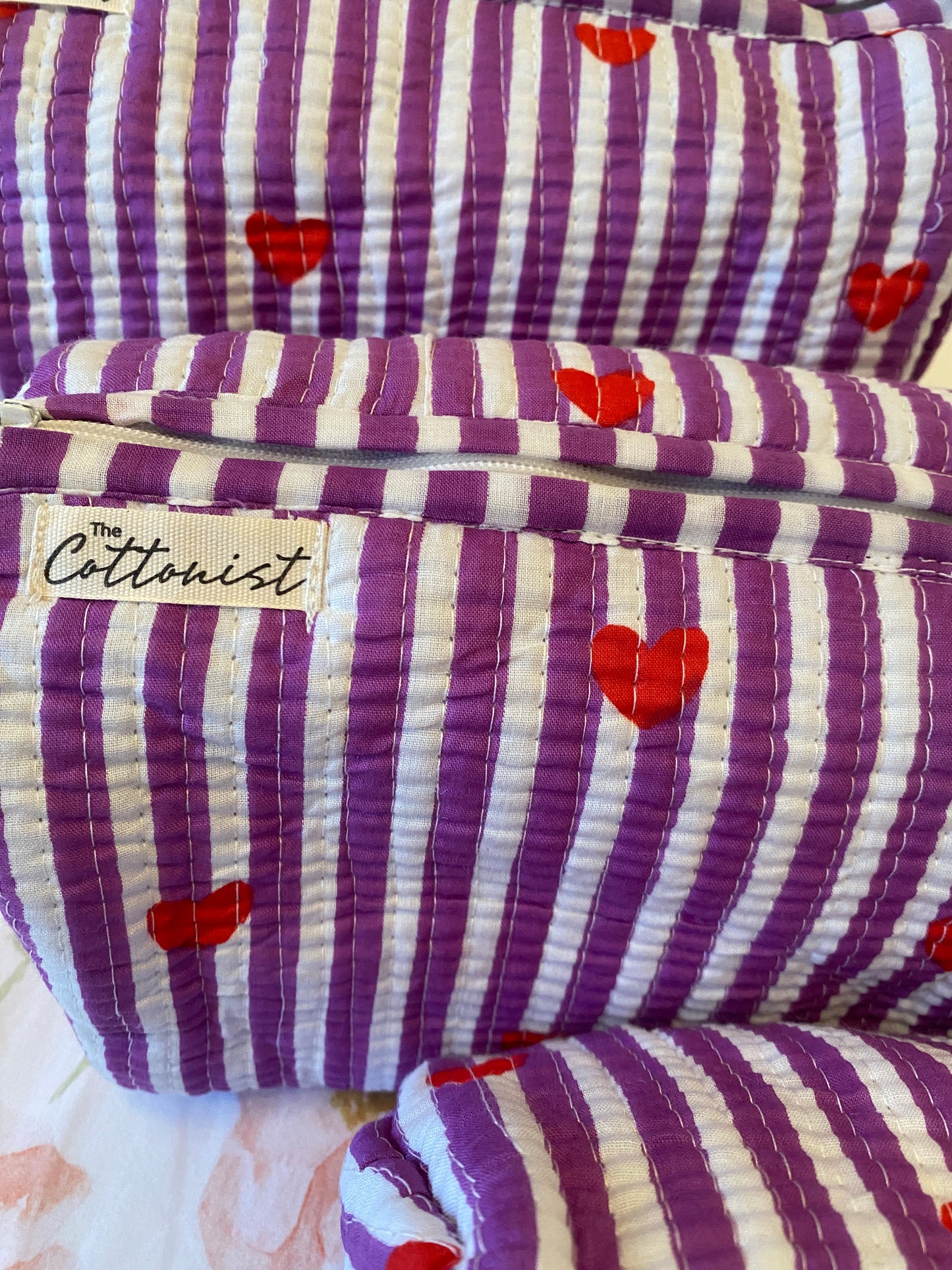 Little Hearts Purple handblock print cosmetic bags