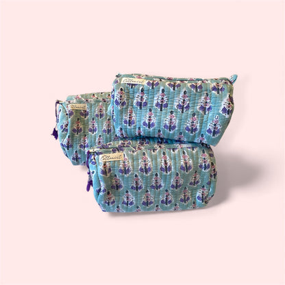 Sea green and Mauve booti handblock print cosmetic bags