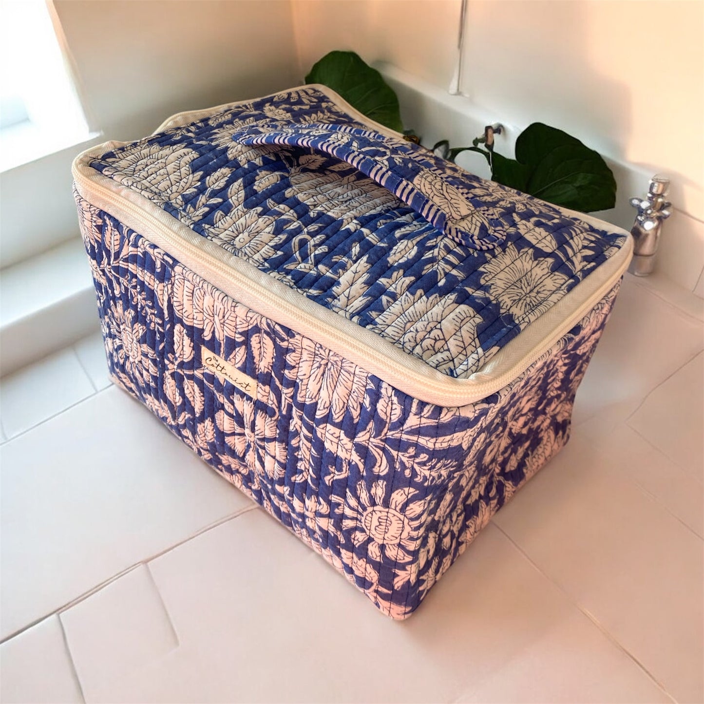 Beautiful Blue Handblock printed structured cosmetic bag / Travel kit