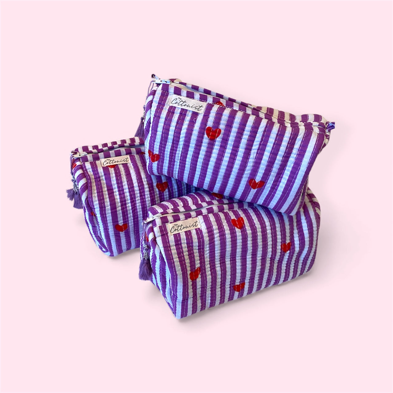 Little Hearts Purple handblock print cosmetic bags