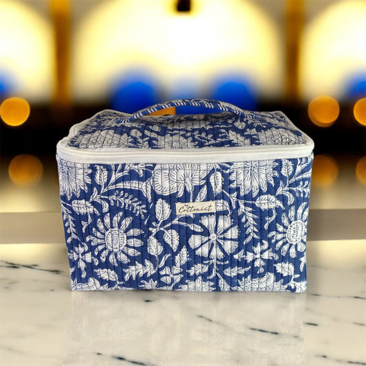 Beautiful Blue Handblock printed structured cosmetic bag / Travel kit