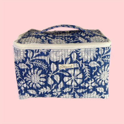 Beautiful Blue Handblock printed structured cosmetic bag / Travel kit