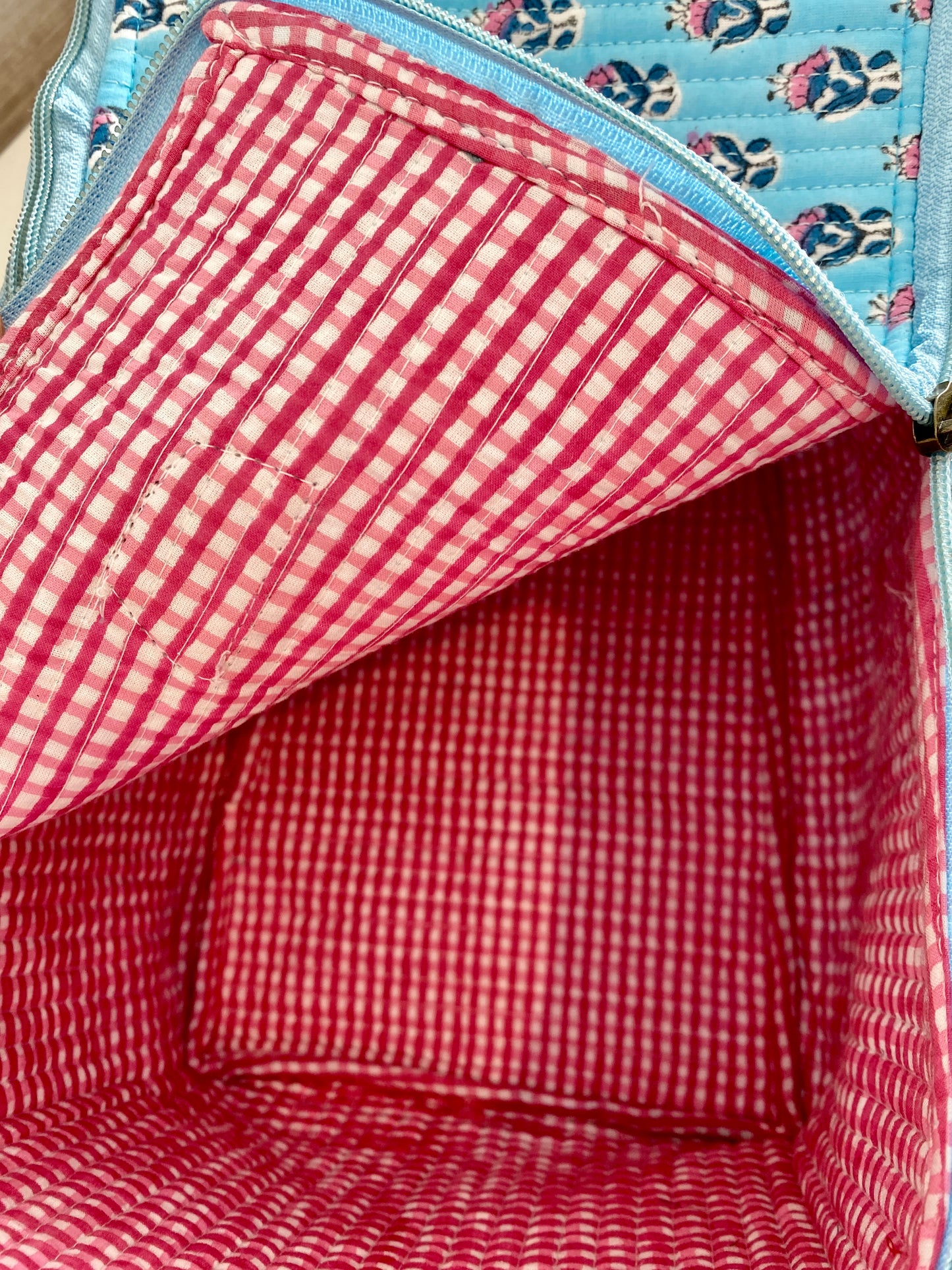 Blue & Pink Booti Handblock printed structured cosmetic bag / Travel kit