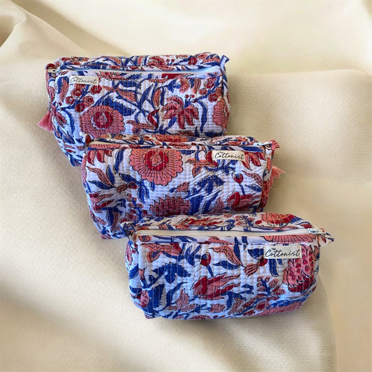 Vintage Florals handblock print cosmetic bags