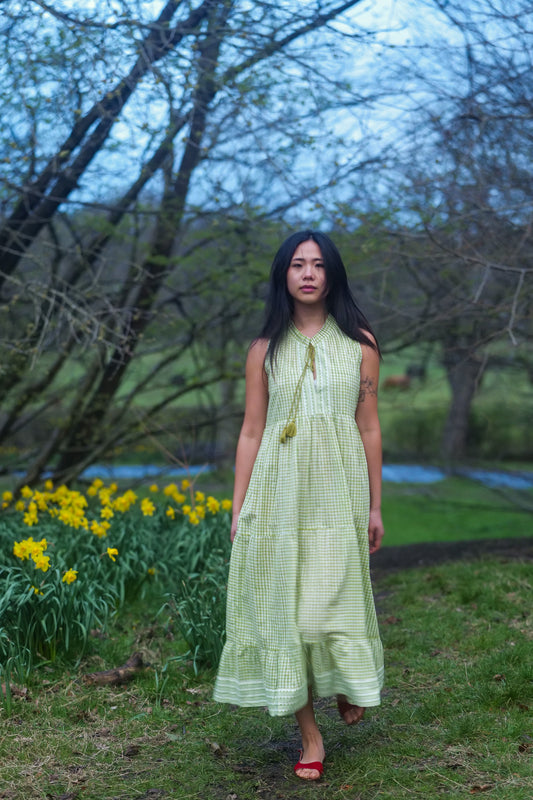 Lime Green Gingham Tiered Midi Dress