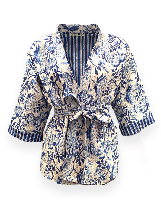 Blue and white floral handblock print short quilted jacket