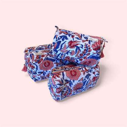 Vintage Florals handblock print cosmetic bags