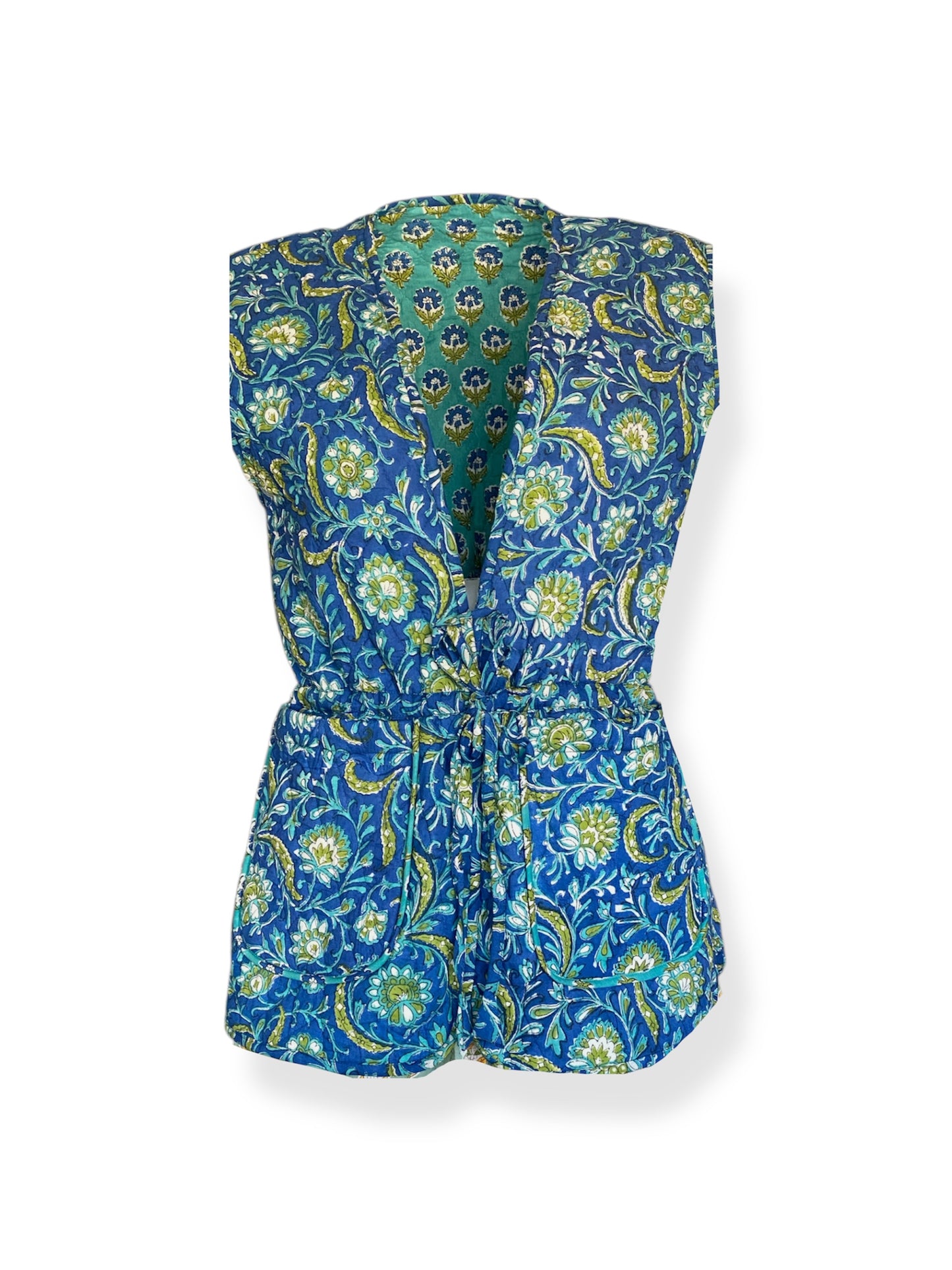 Turquoise Blue Bahaar Booti Reversible Quilted Gilet