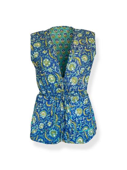 Turquoise Blue Bahaar Booti Reversible Quilted Gilet