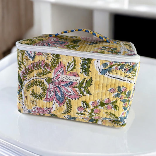 Sunlit Floral Handblock printed structured cosmetic bag / Travel kit