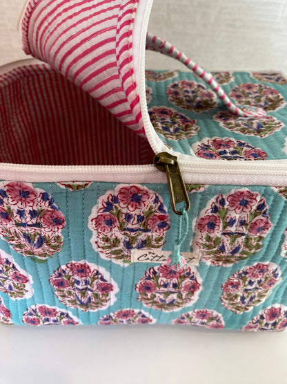 Soft Teal Handblock printed structured cosmetic bag / Travel kit