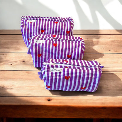 Little Hearts Purple handblock print cosmetic bags