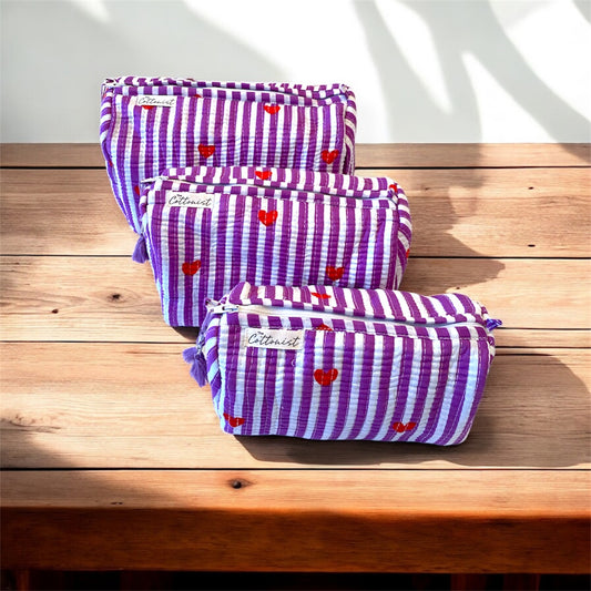 Little Hearts Purple handblock print cosmetic bags