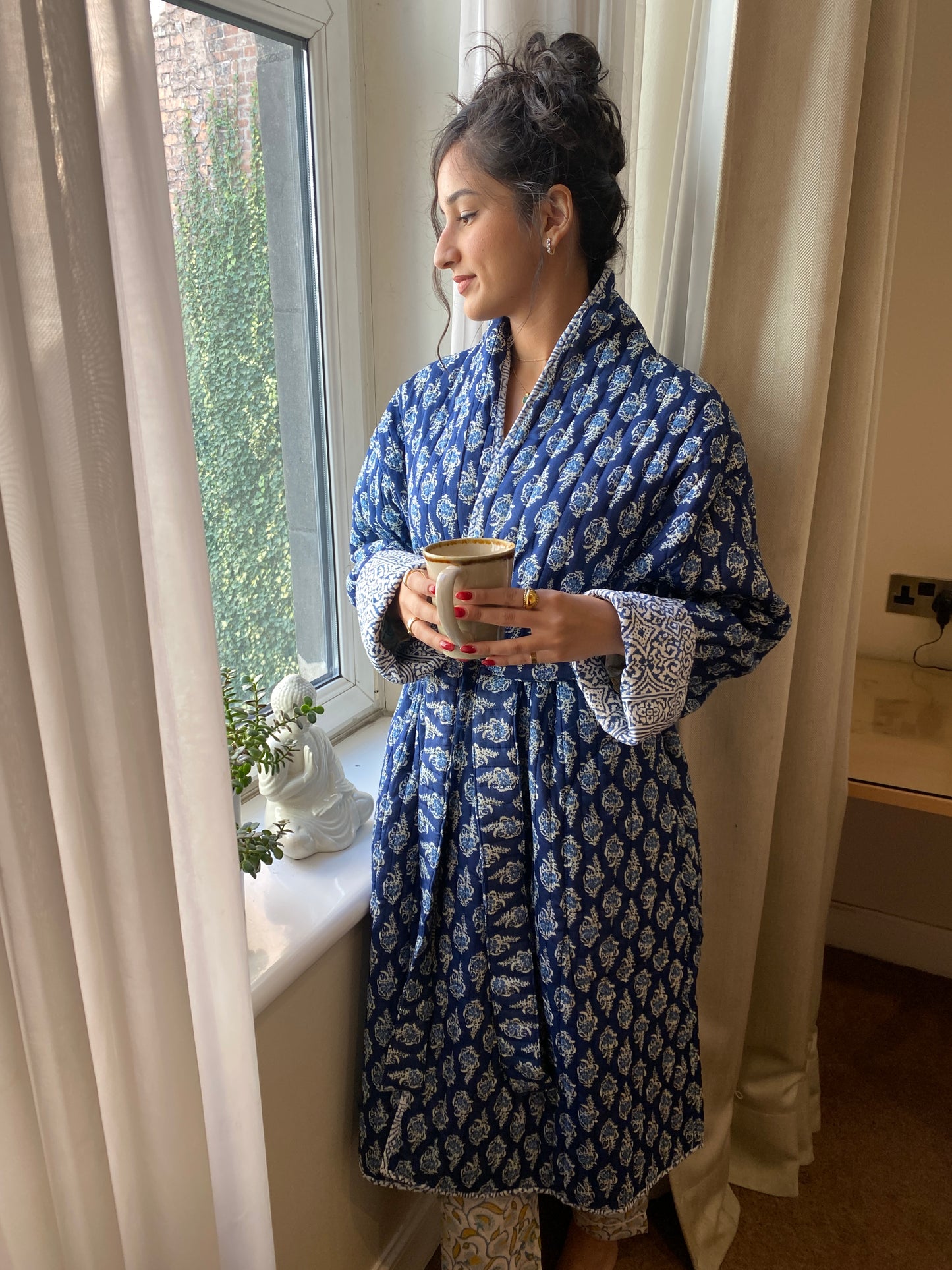 Blue Chint handblock print Reversible Quilted Kimono robe