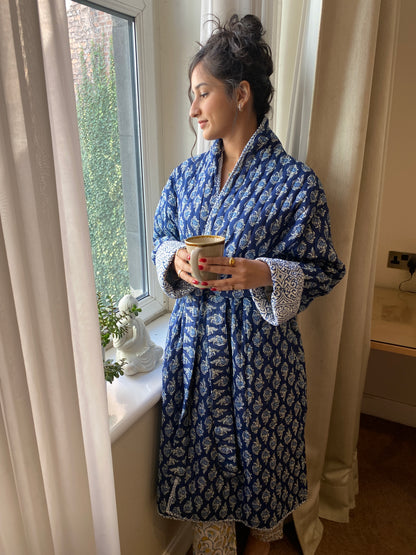 Blue Chint handblock print Reversible Quilted Kimono robe