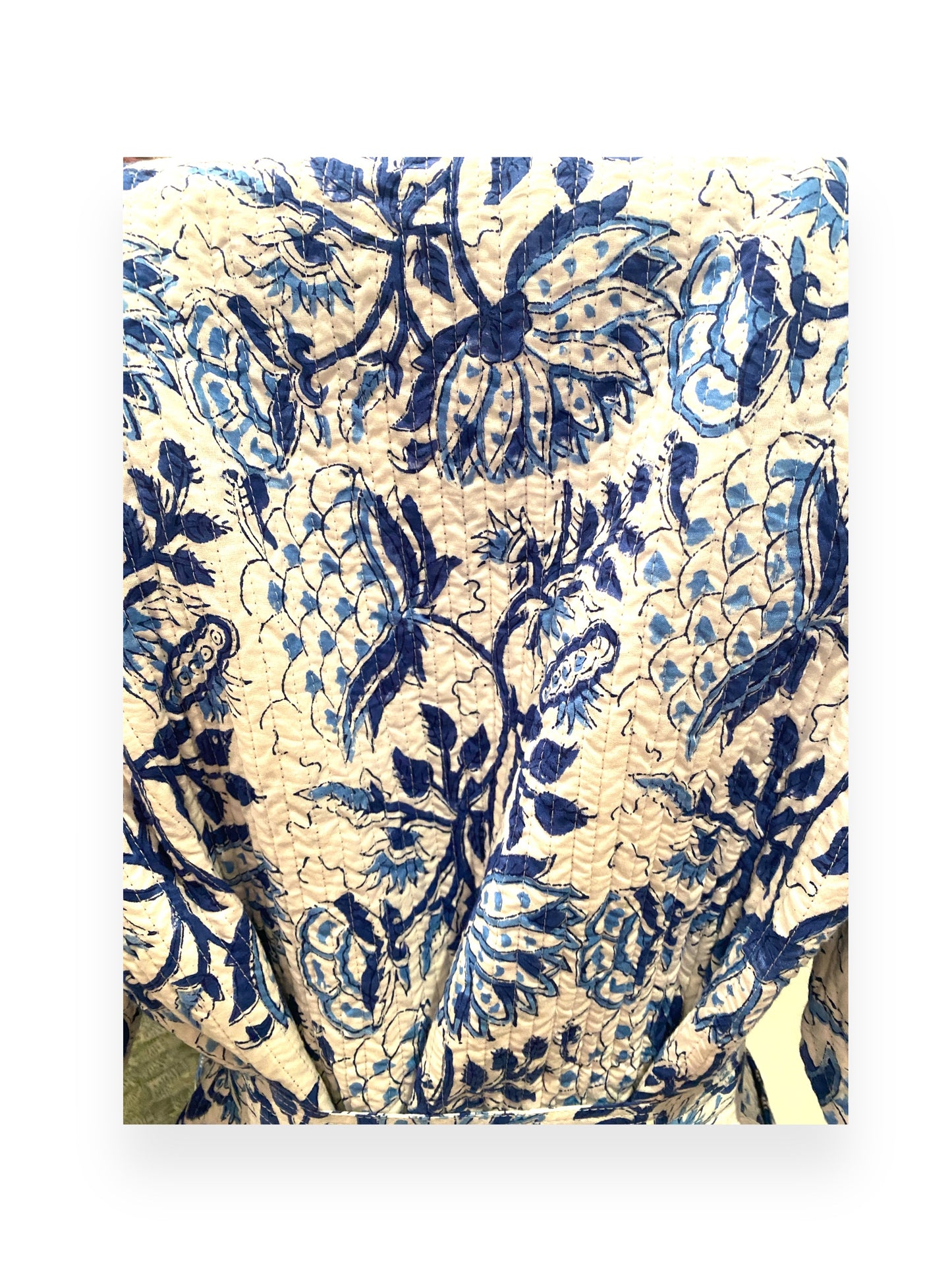 Blue and white floral handblock print short quilted jacket