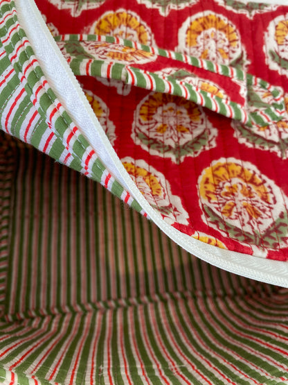 Christmas Red Handblock printed structured cosmetic bag / Travel kit