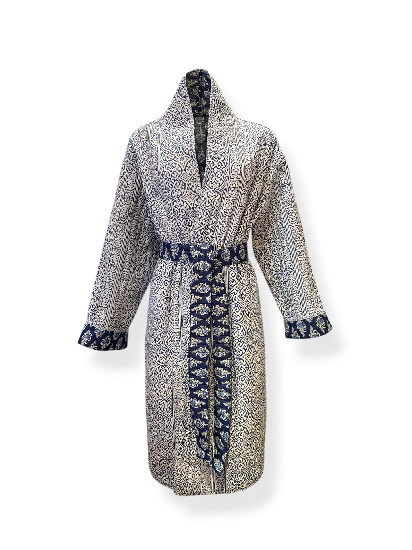 Blue Chint handblock print Reversible Quilted Kimono robe