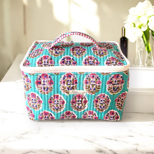 Soft Teal Handblock printed structured cosmetic bag / Travel kit