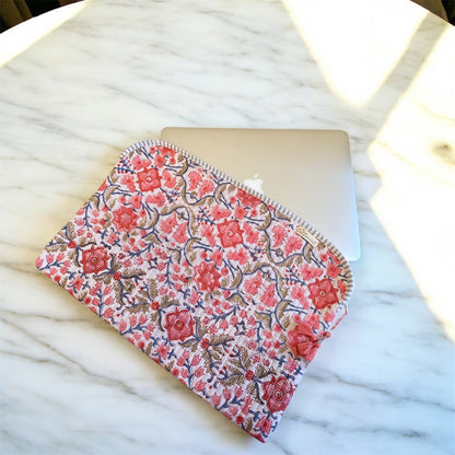 Peachy Pink Floral Jaal Quilted Laptop Sleeve