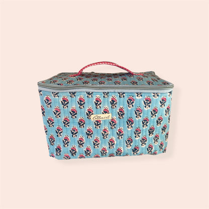 Blue & Pink Booti Handblock printed structured cosmetic bag / Travel kit