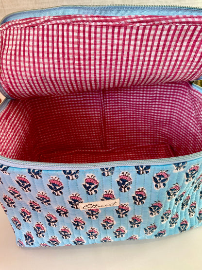 Blue & Pink Booti Handblock printed structured cosmetic bag / Travel kit