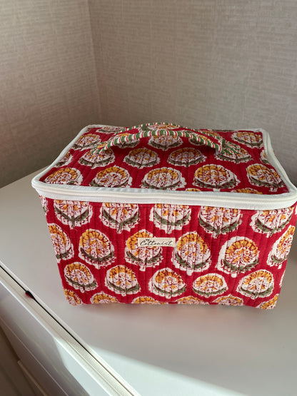 Christmas Red Handblock printed structured cosmetic bag / Travel kit