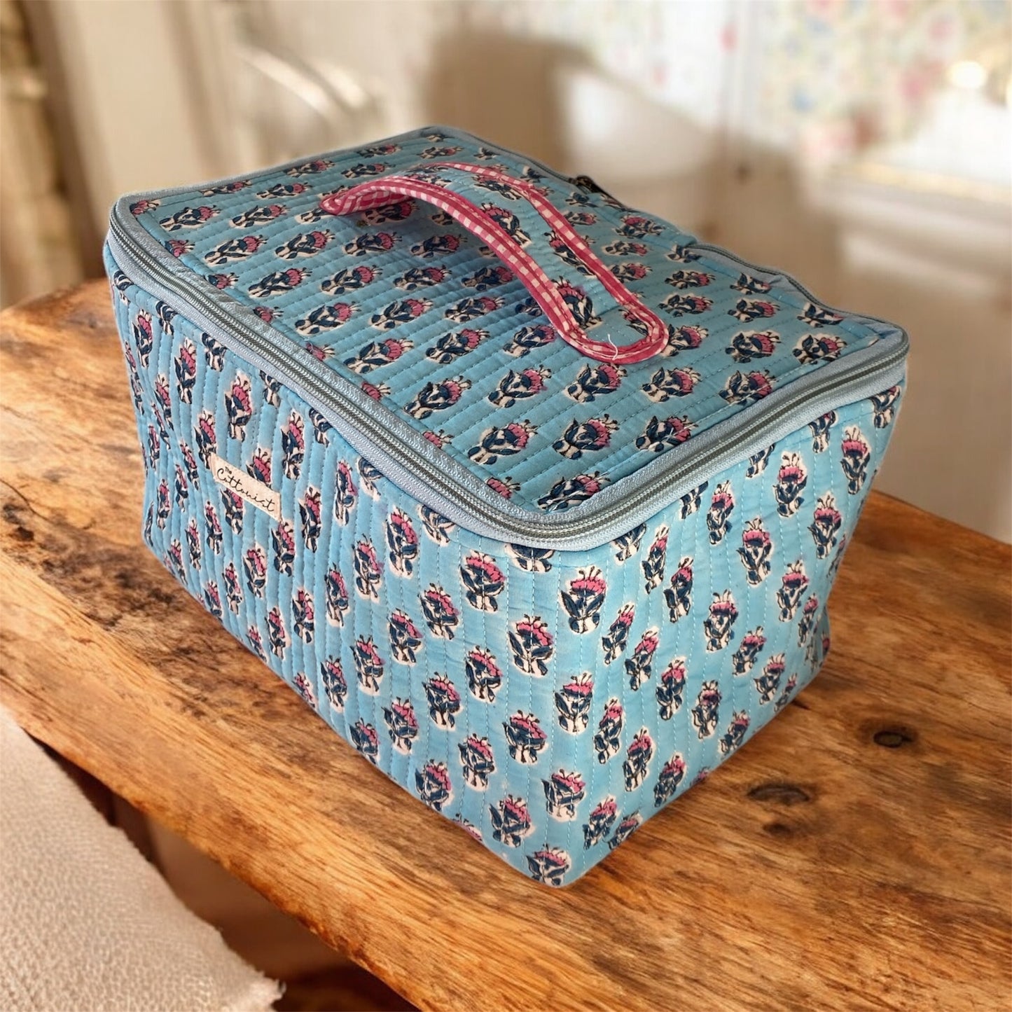 Blue & Pink Booti Handblock printed structured cosmetic bag / Travel kit