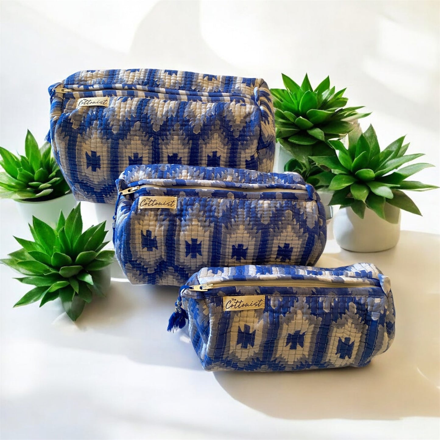 Blue Ikat handblock print cosmetic bags