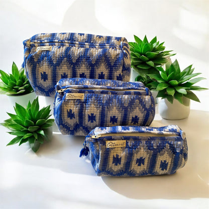 Blue Ikat handblock print cosmetic bags