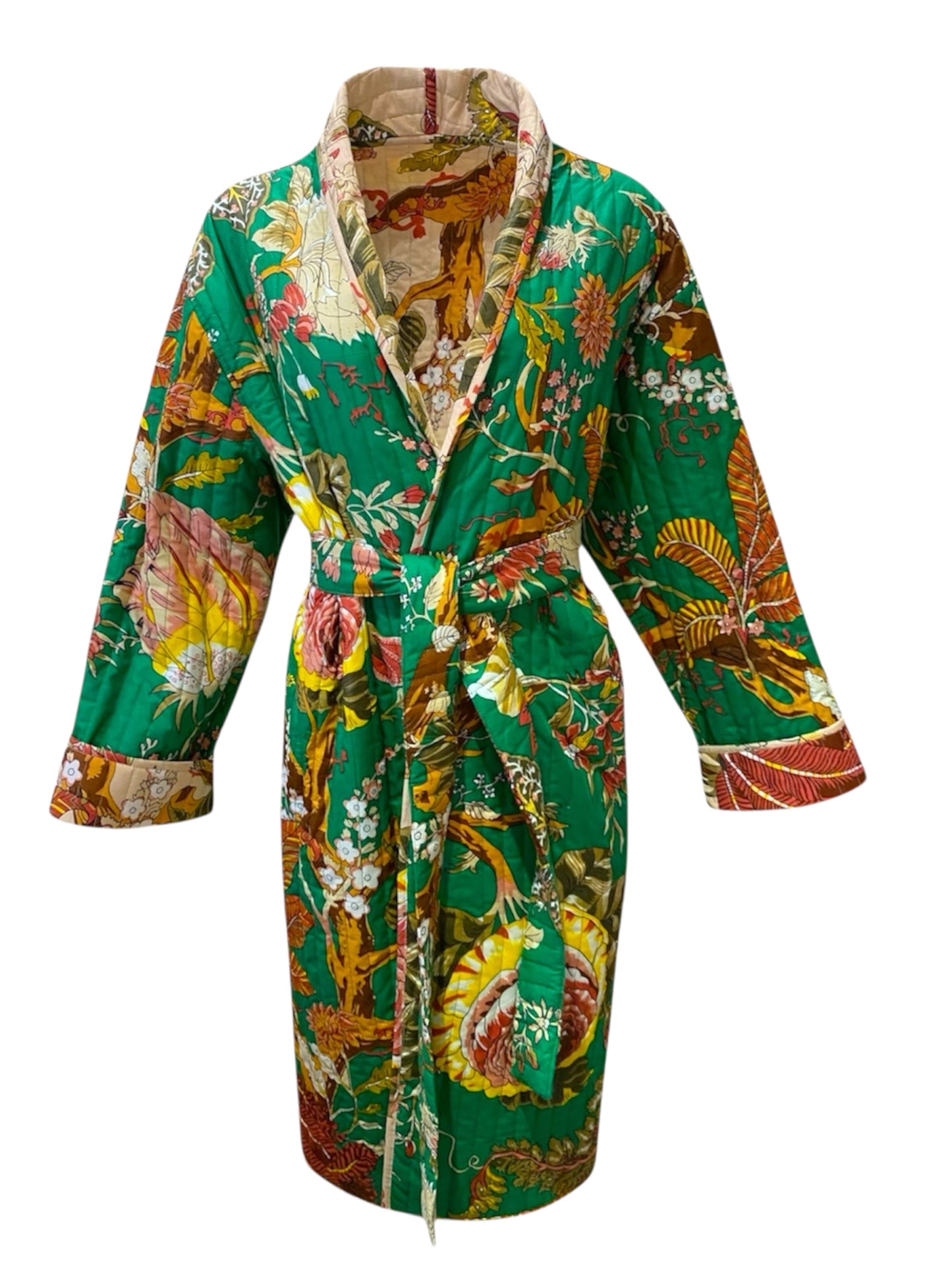 Gulmohar handblock print Reversible Quilted Kimono robe