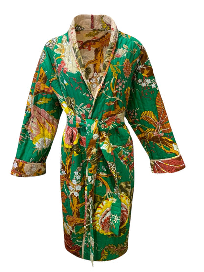 Gulmohar handblock print Reversible Quilted Kimono robe
